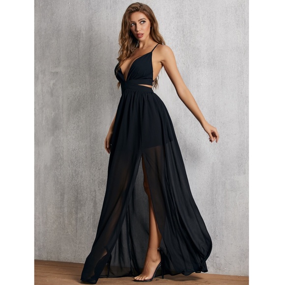 Deep V Backless High Slit Black Maxi Dress - Picture 3 of 8